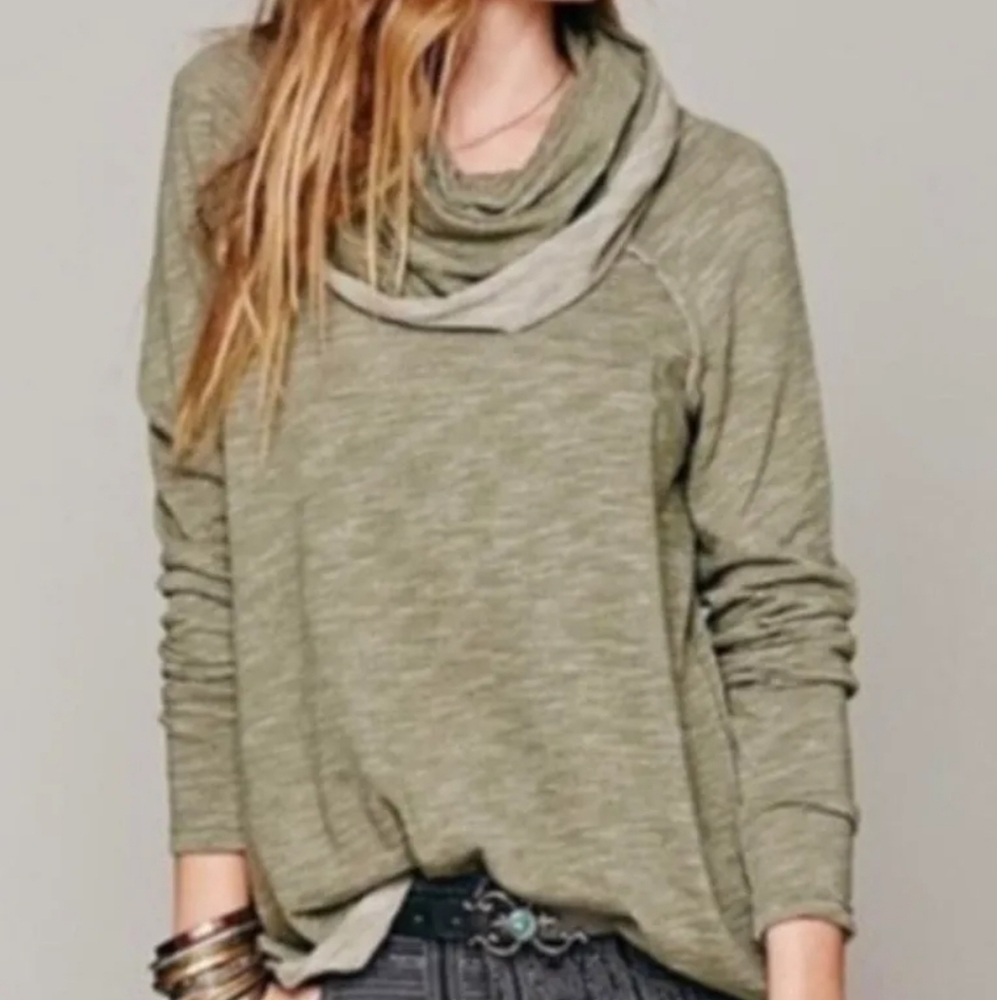 FREE PEOPLE BEACH Cowl Neck Olive Green Pullover